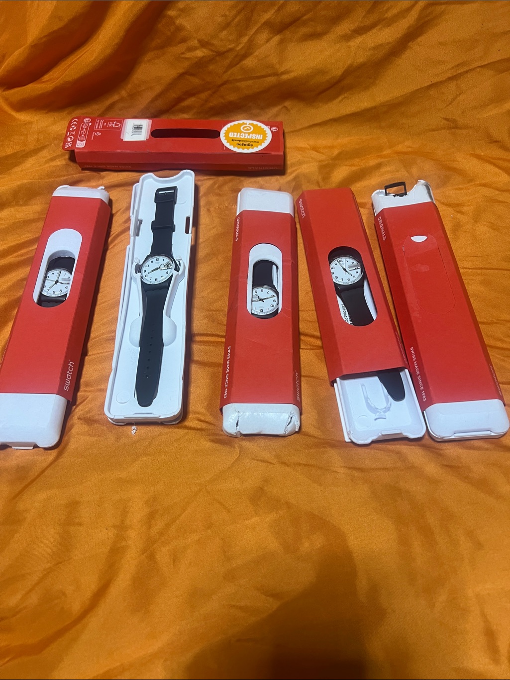 Swatch Black Strap Watches With Red Packaging (Black, Red, White) “Read Details”